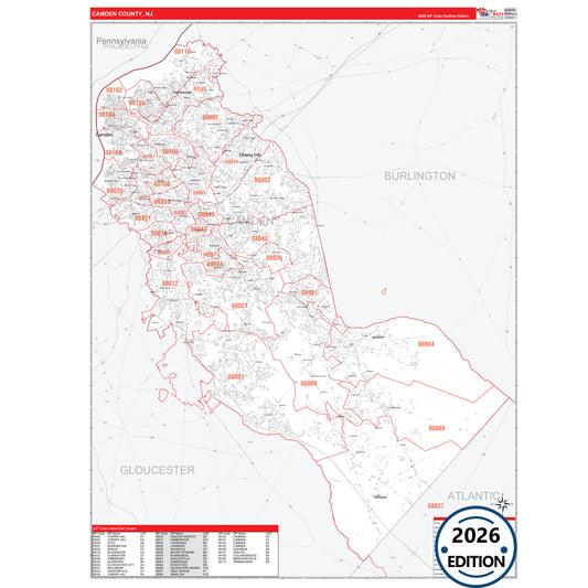 Camden County, NJ Red Line 5 Digit ZIP Code Wall Map