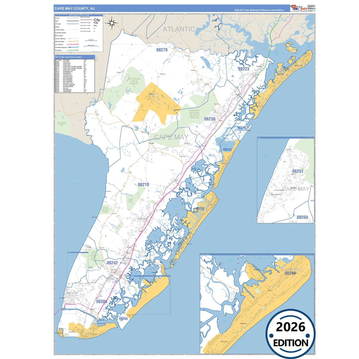 Cape May County, NJ Business Reference 5 Digit ZIP Code Wall Map