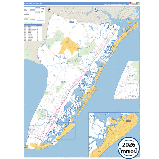 Cape May County, NJ Business Reference 5 Digit ZIP Code Wall Map
