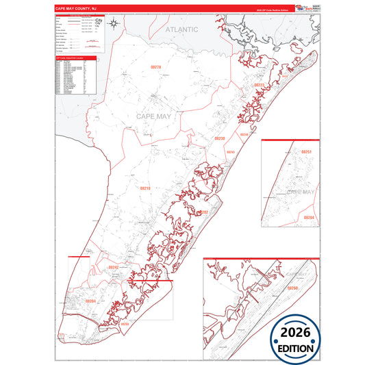 Cape May County, NJ Red Line 5 Digit ZIP Code Wall Map