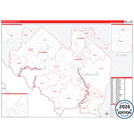 Cumberland County, NJ Red Line 5 Digit ZIP Code Wall Map