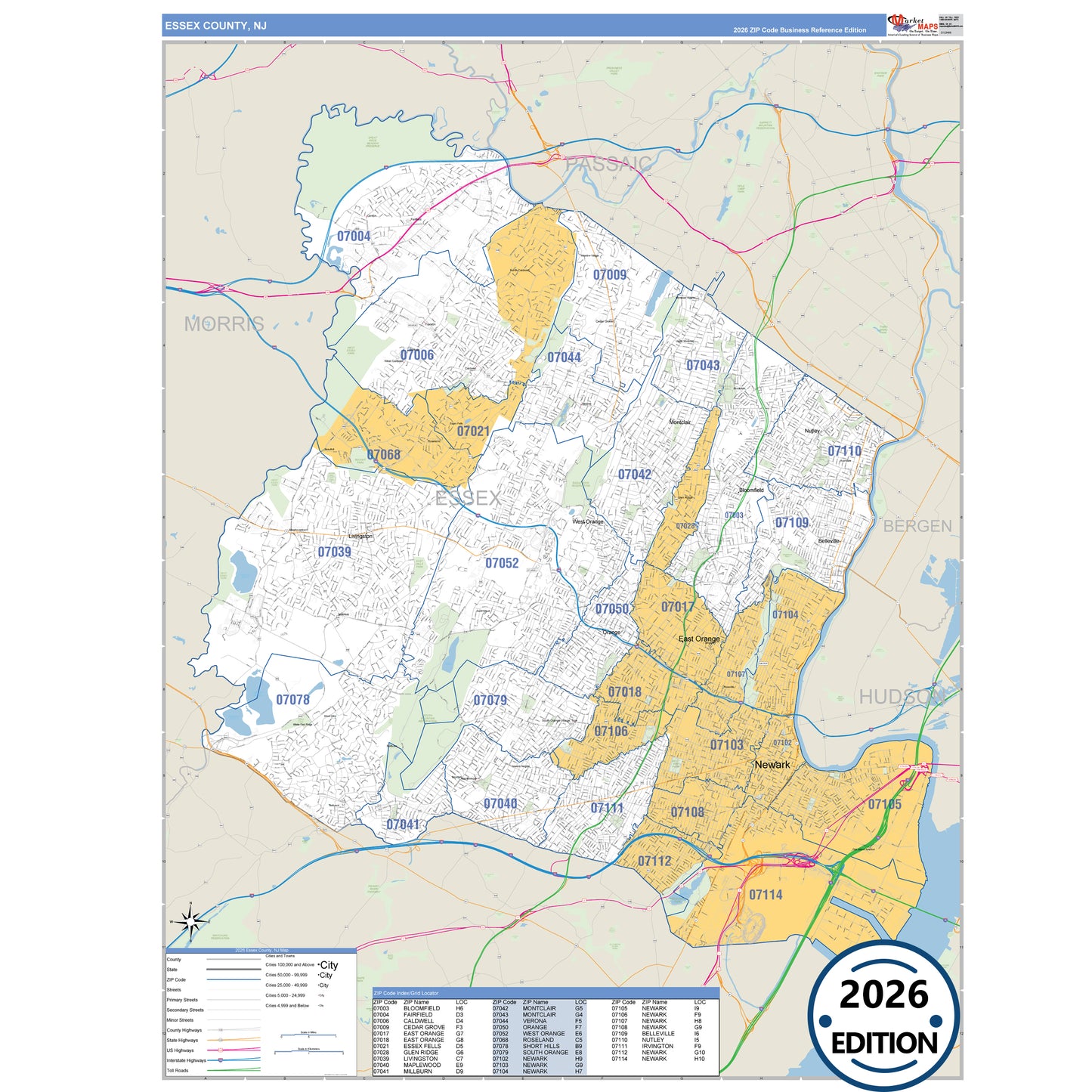 Essex County, NJ Business Reference 5 Digit ZIP Code Wall Map