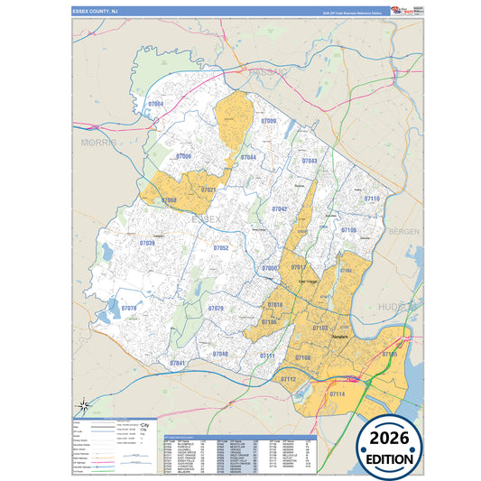 Essex County, NJ Business Reference 5 Digit ZIP Code Wall Map