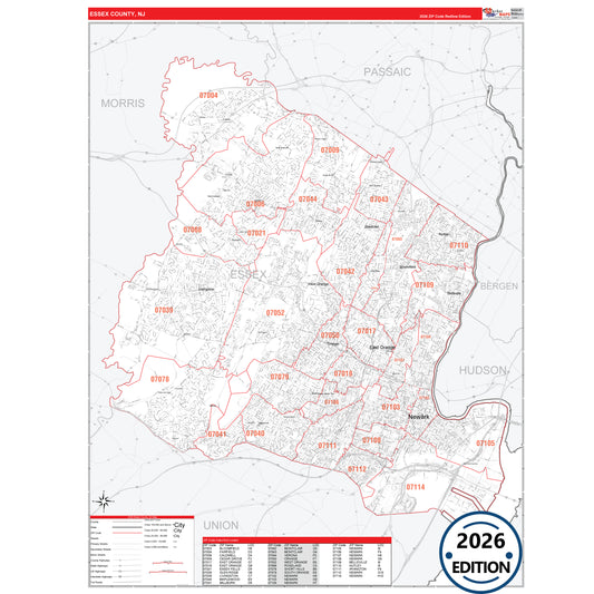 Essex County, NJ Red Line 5 Digit ZIP Code Wall Map