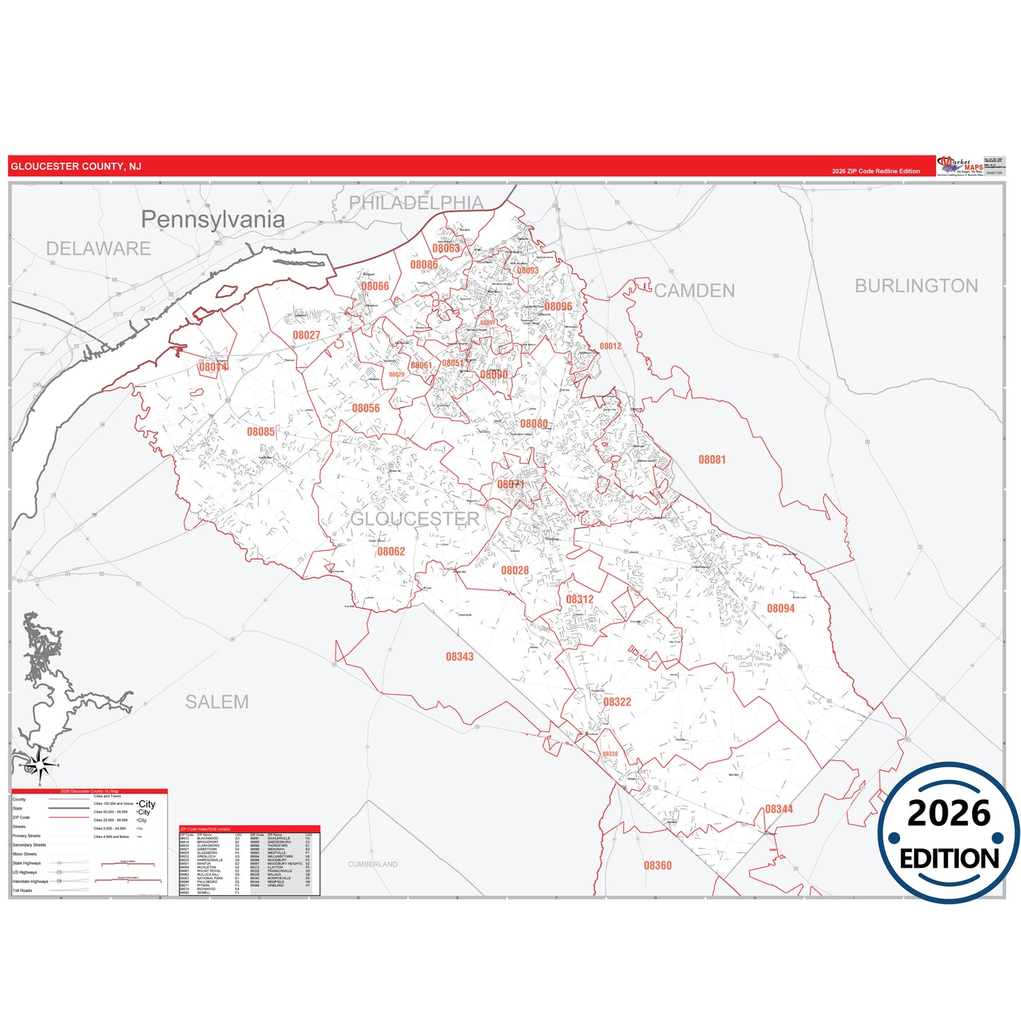 Gloucester County, NJ Red Line 5 Digit ZIP Code Wall Map