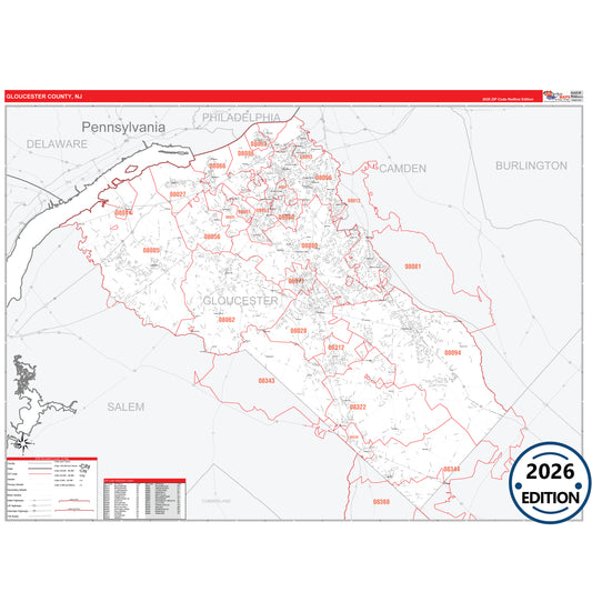 Gloucester County, NJ Red Line 5 Digit ZIP Code Wall Map