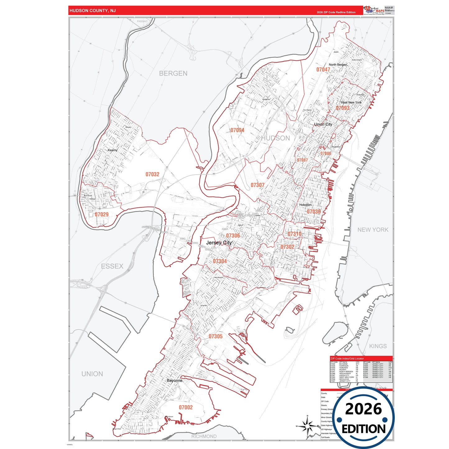 Hudson County, NJ Red Line 5 Digit ZIP Code Wall Map