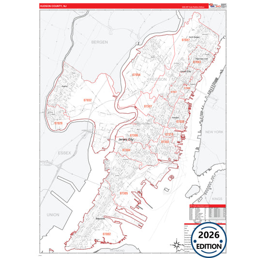 Hudson County, NJ Red Line 5 Digit ZIP Code Wall Map