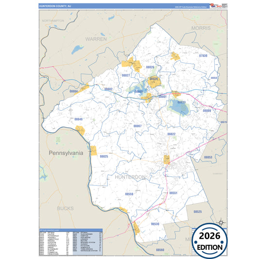 Hunterdon County, NJ Business Reference 5 Digit ZIP Code Wall Map
