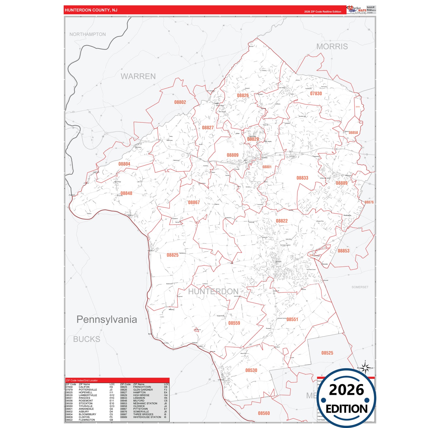 Hunterdon County, NJ Red Line 5 Digit ZIP Code Wall Map