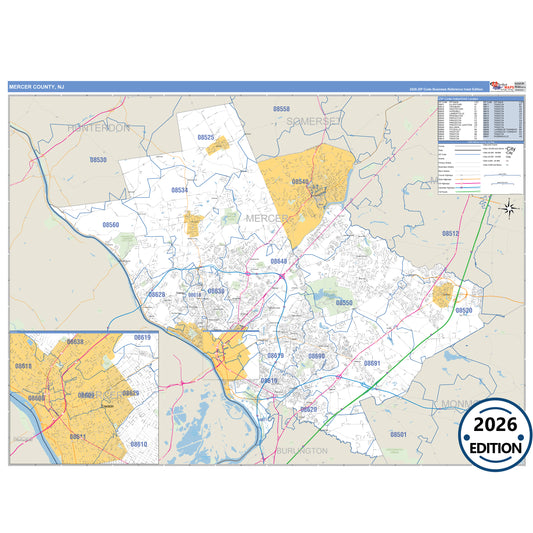 Mercer County, NJ Business Reference 5 Digit ZIP Code Wall Map