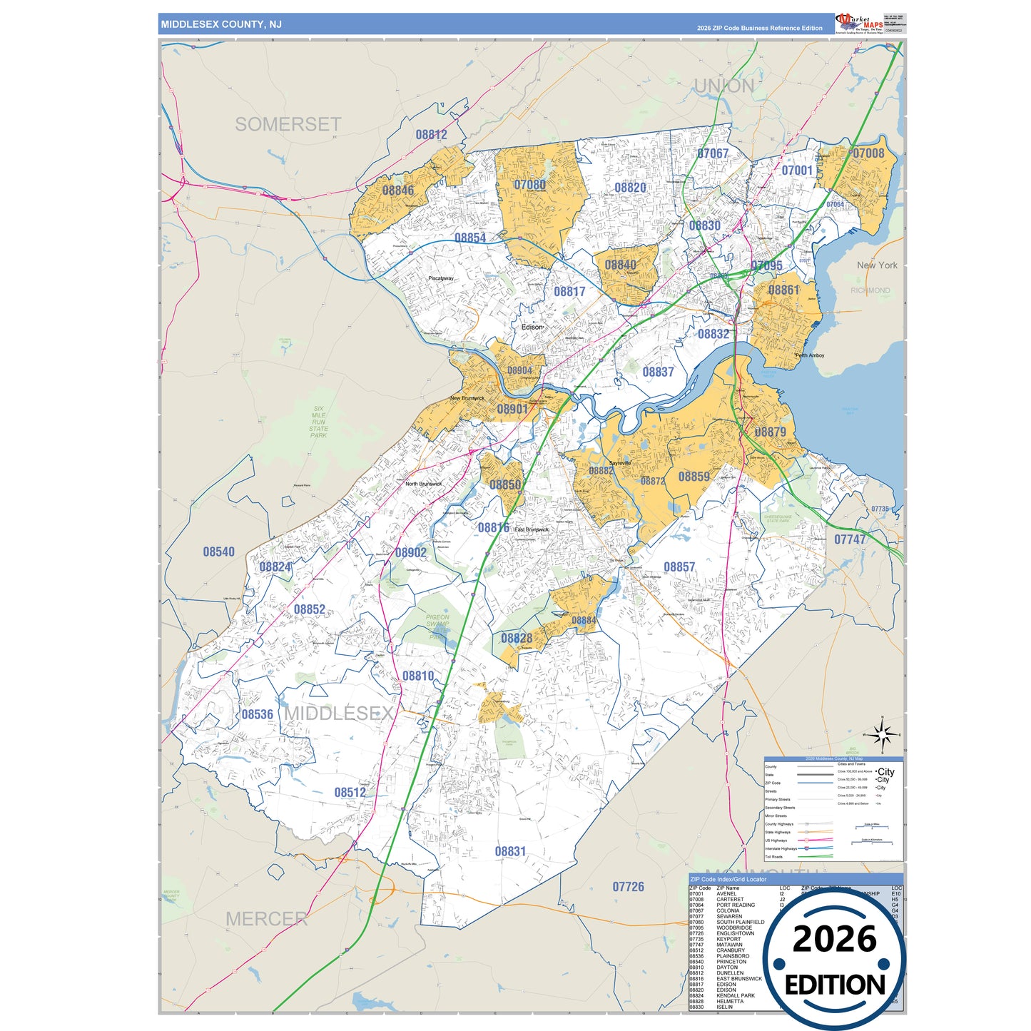 Middlesex County, NJ Business Reference 5 Digit ZIP Code Wall Map