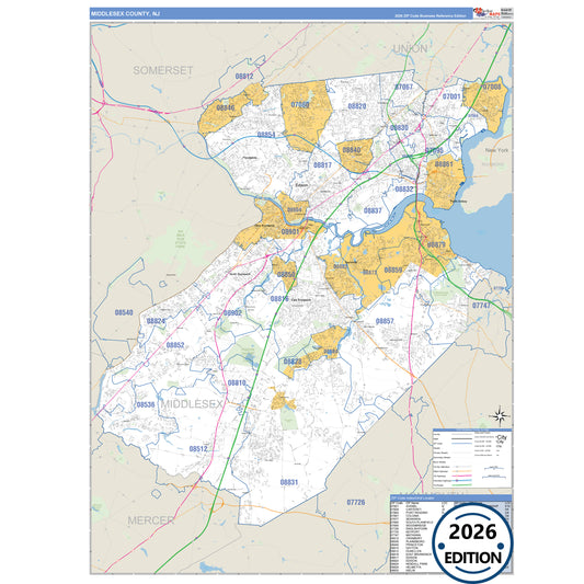 Middlesex County, NJ Business Reference 5 Digit ZIP Code Wall Map