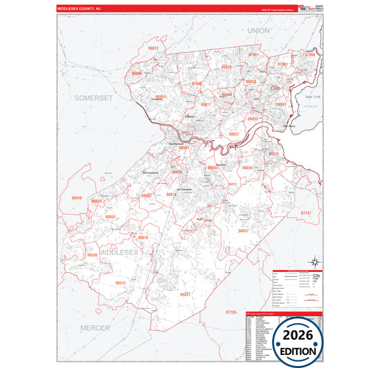 Middlesex County, NJ Red Line 5 Digit ZIP Code Wall Map