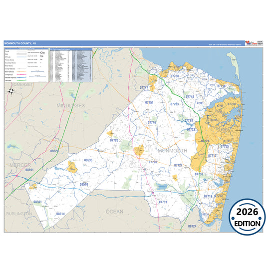 Monmouth County, NJ Business Reference 5 Digit ZIP Code Wall Map