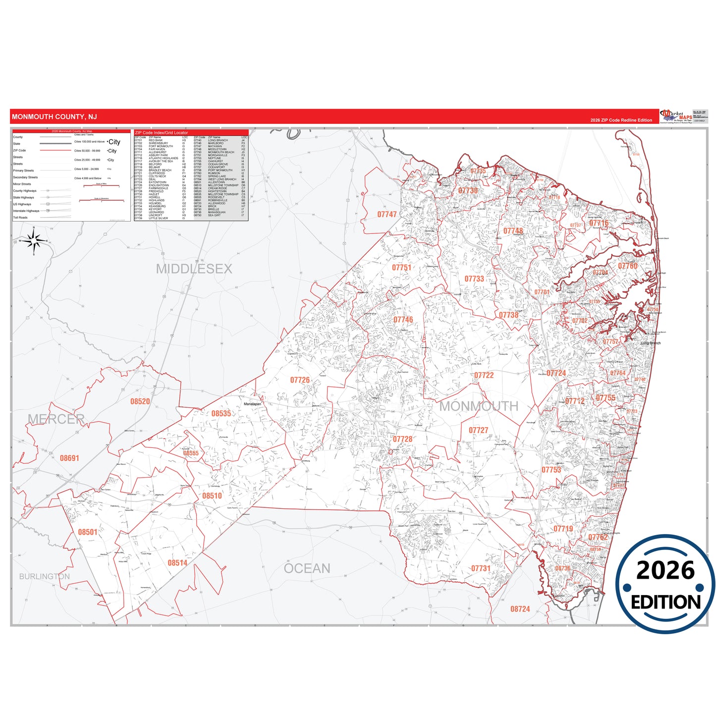 Monmouth County, NJ Red Line 5 Digit ZIP Code Wall Map