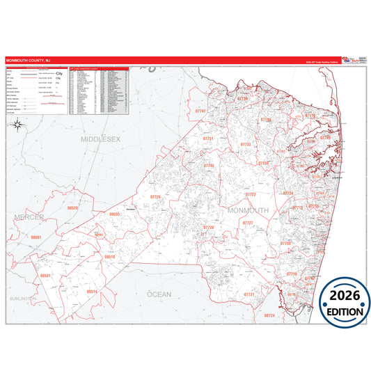 Monmouth County, NJ Red Line 5 Digit ZIP Code Wall Map
