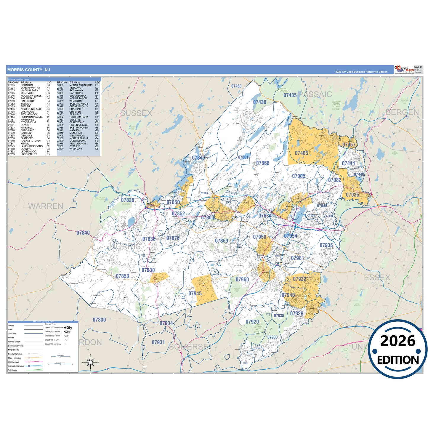 Morris County, NJ Business Reference 5 Digit ZIP Code Wall Map