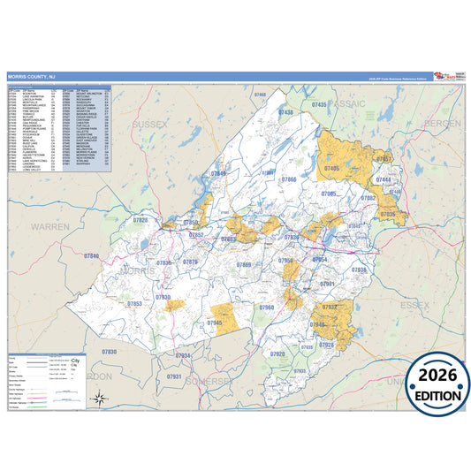 Morris County, NJ Business Reference 5 Digit ZIP Code Wall Map