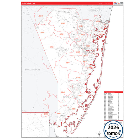 Ocean County, NJ Red Line 5 Digit ZIP Code Wall Map
