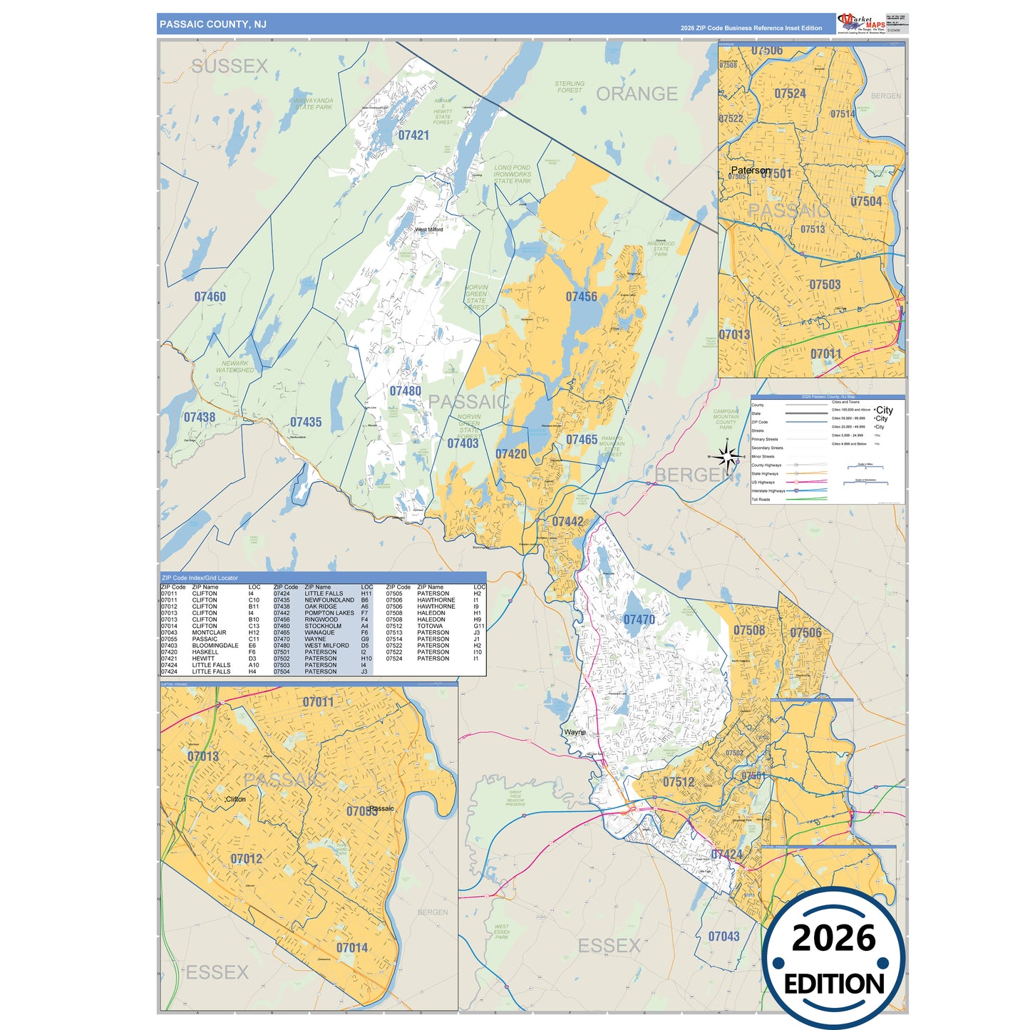 Passaic County, NJ Business Reference 5 Digit ZIP Code Wall Map