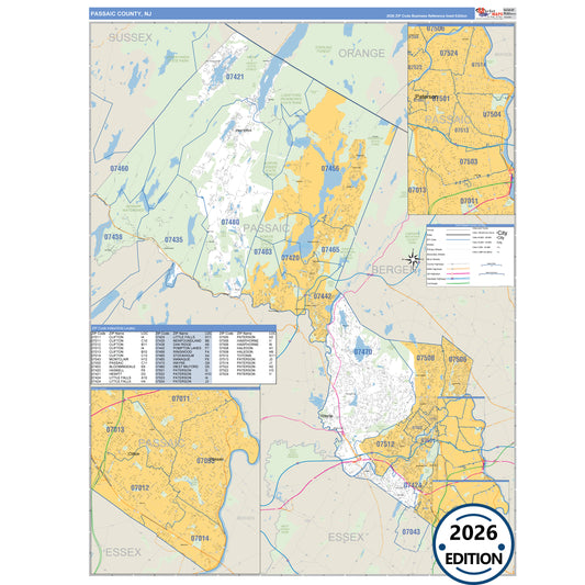 Passaic County, NJ Business Reference 5 Digit ZIP Code Wall Map