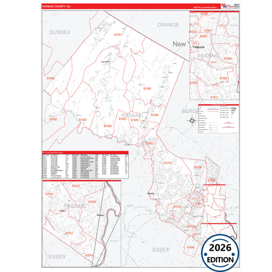 Passaic County, NJ Red Line 5 Digit ZIP Code Wall Map