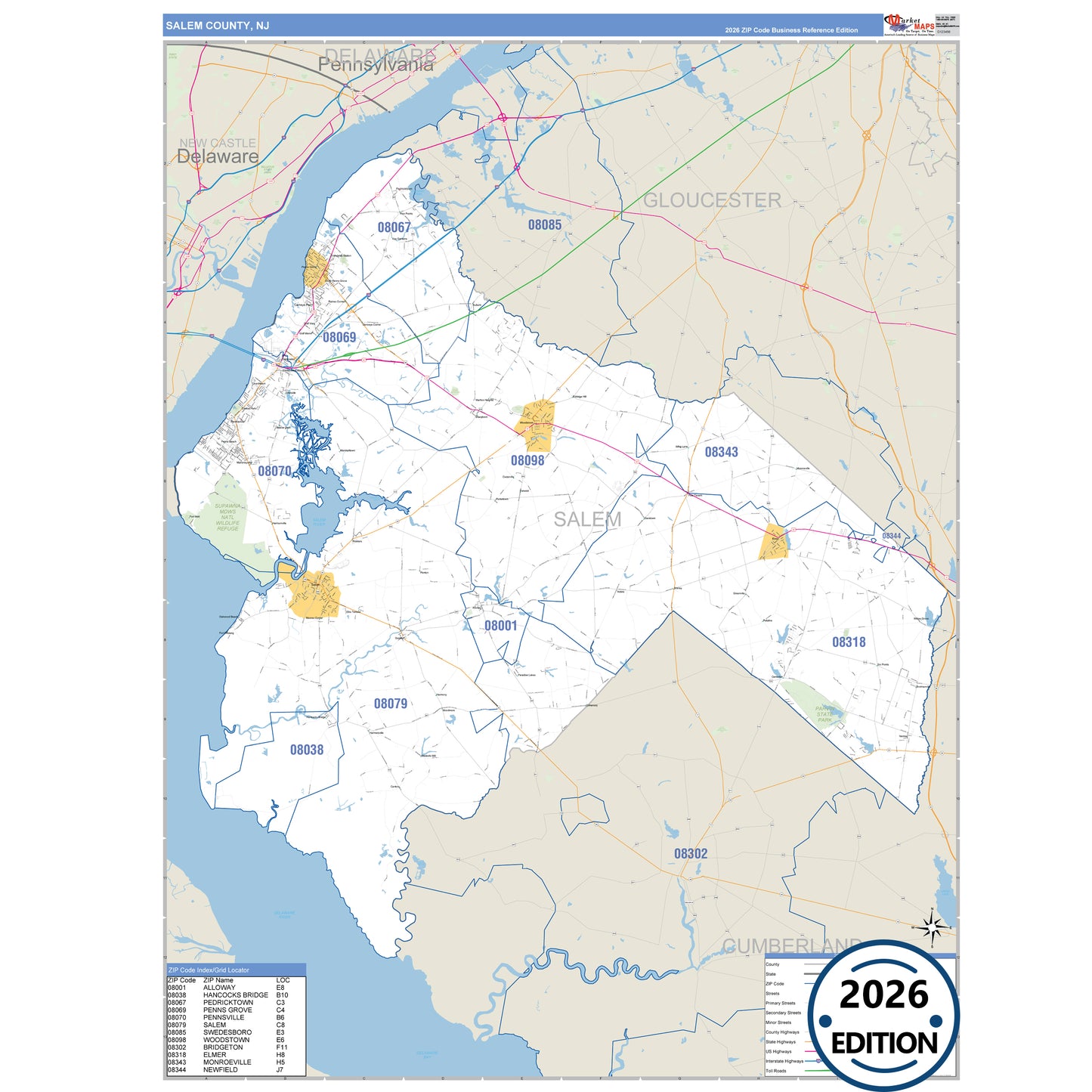 Salem County, NJ Business Reference 5 Digit ZIP Code Wall Map
