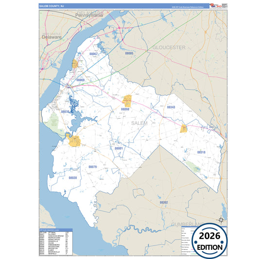 Salem County, NJ Business Reference 5 Digit ZIP Code Wall Map