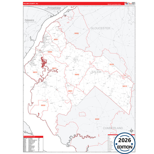 Salem County, NJ Red Line 5 Digit ZIP Code Wall Map