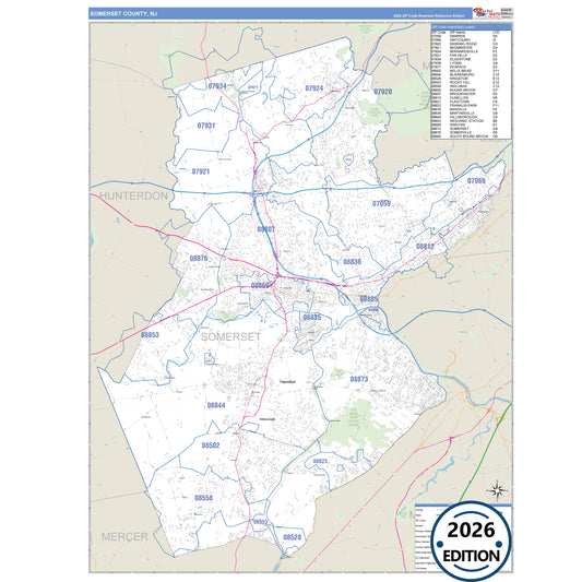 Somerset County, NJ Business Reference 5 Digit ZIP Code Wall Map