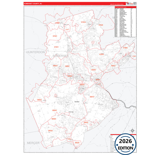Somerset County, NJ Red Line 5 Digit ZIP Code Wall Map