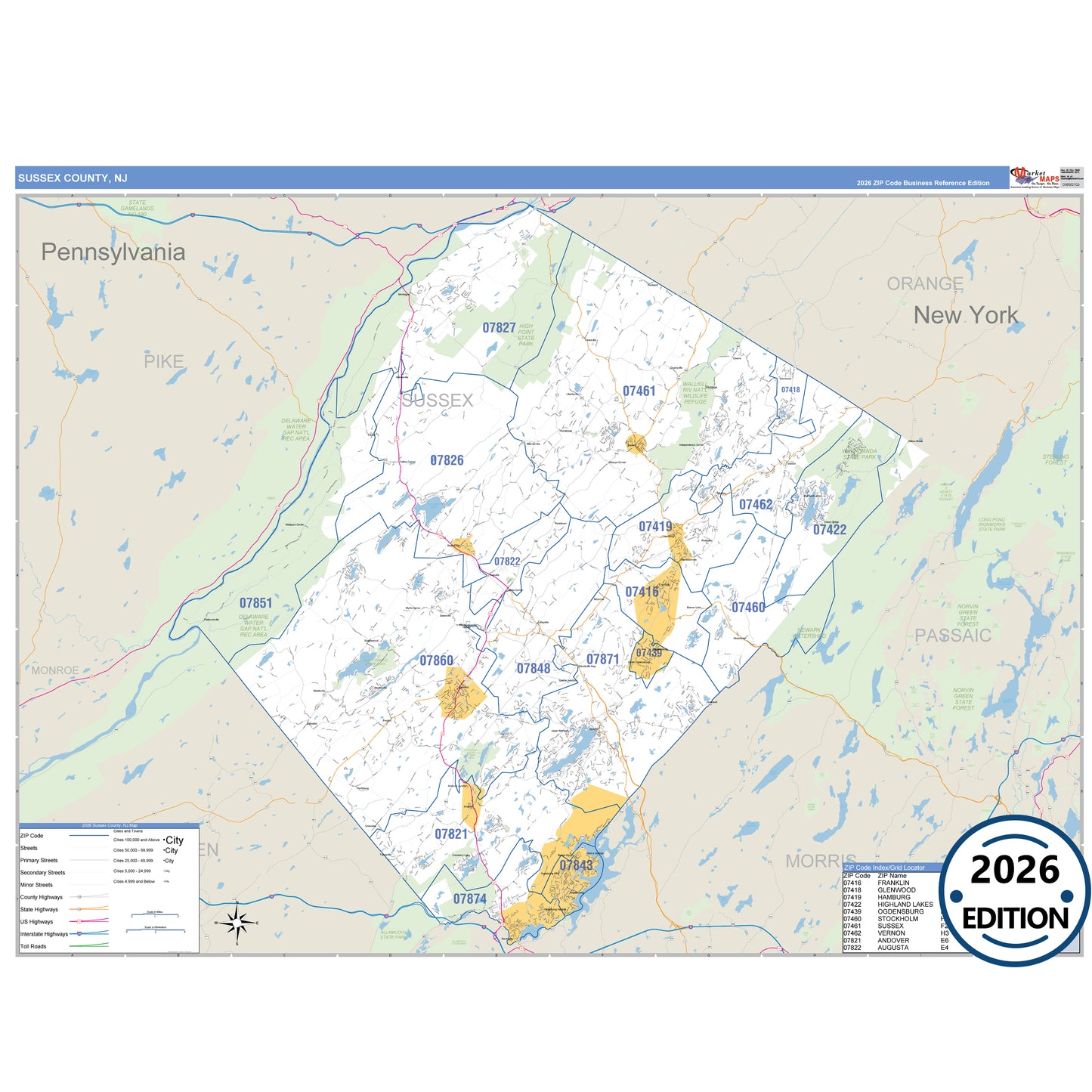 Sussex County, NJ Business Reference 5 Digit ZIP Code Wall Map