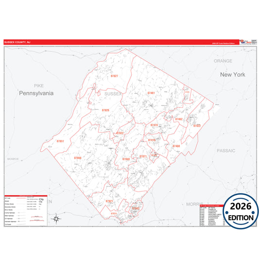 Sussex County, NJ Red Line 5 Digit ZIP Code Wall Map