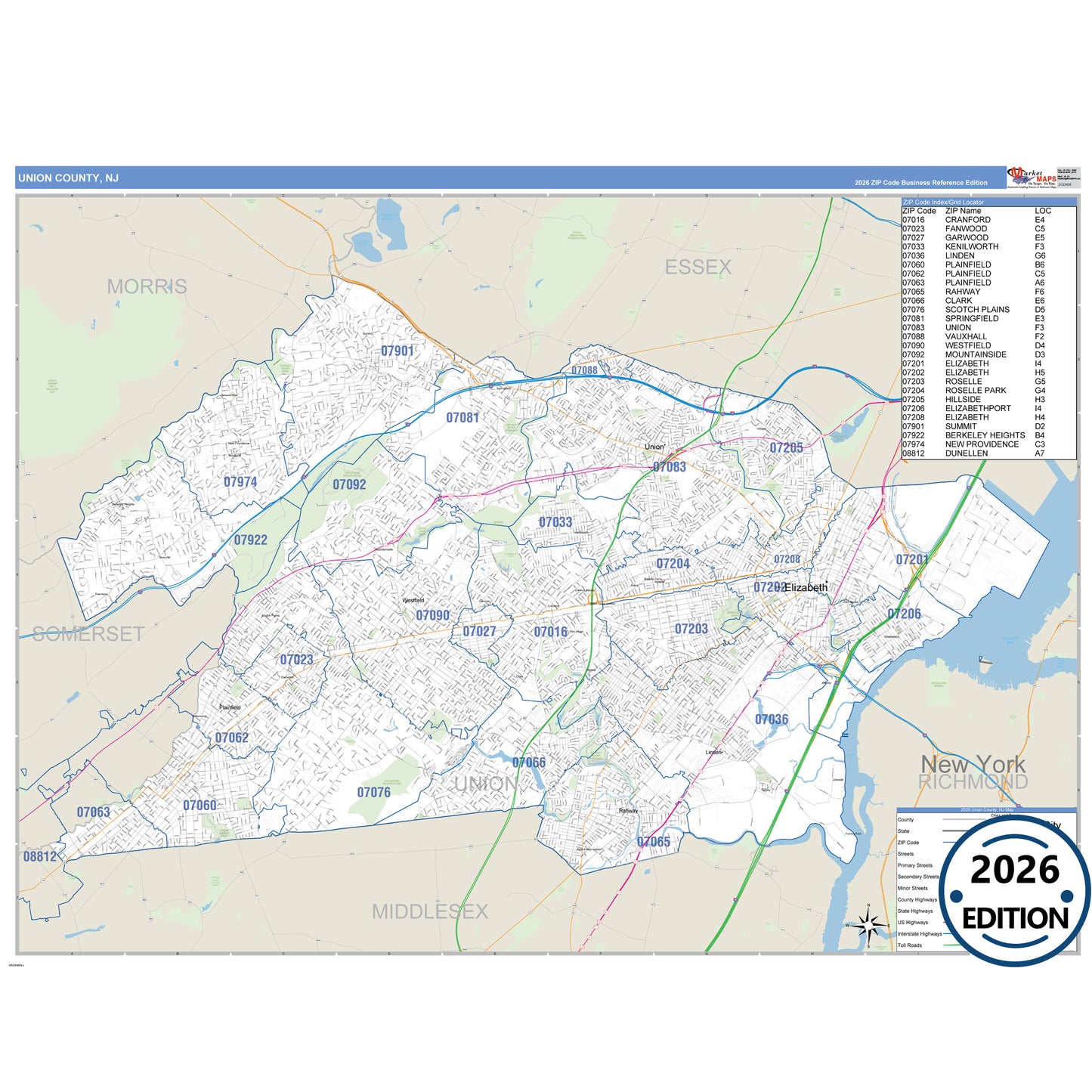 Union County, NJ Business Reference 5 Digit ZIP Code Wall Map