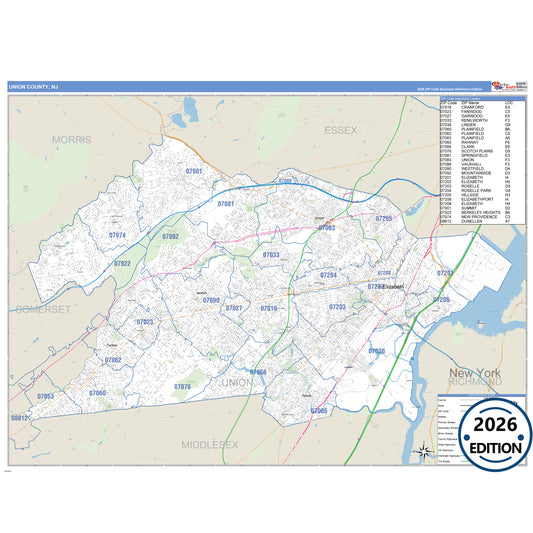 Union County, NJ Business Reference 5 Digit ZIP Code Wall Map