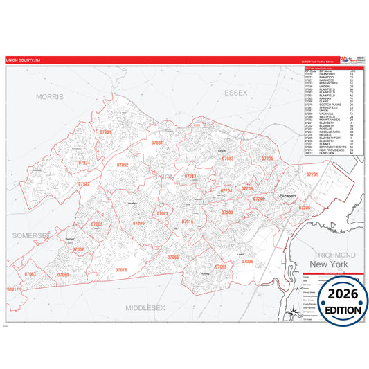 Union County, NJ Red Line 5 Digit ZIP Code Wall Map