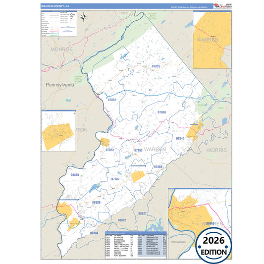 Warren County, NJ Business Reference 5 Digit ZIP Code Wall Map