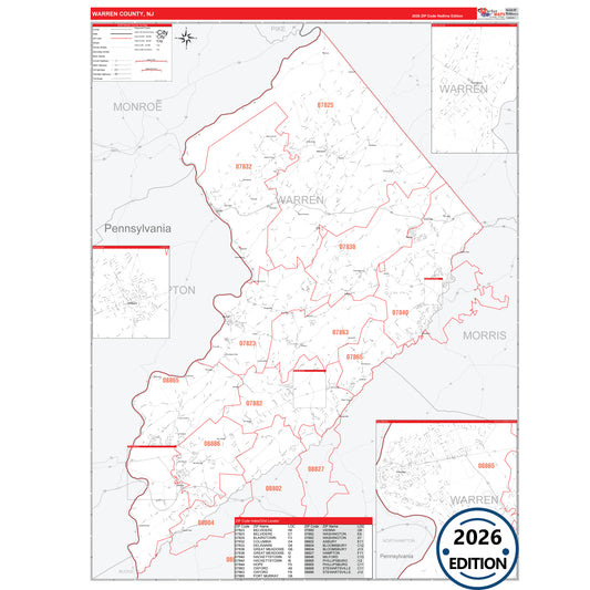 Warren County, NJ Red Line 5 Digit ZIP Code Wall Map