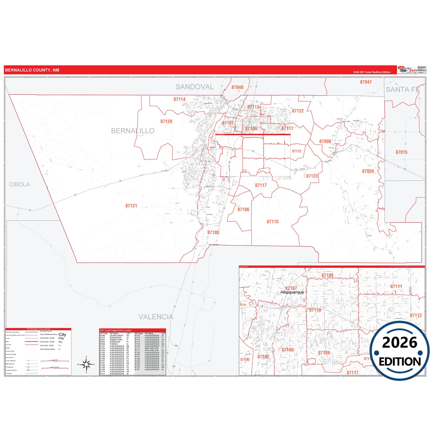 Bernalillo County, NM Red Line 5 Digit ZIP Code Wall Map