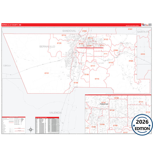 Bernalillo County, NM Red Line 5 Digit ZIP Code Wall Map