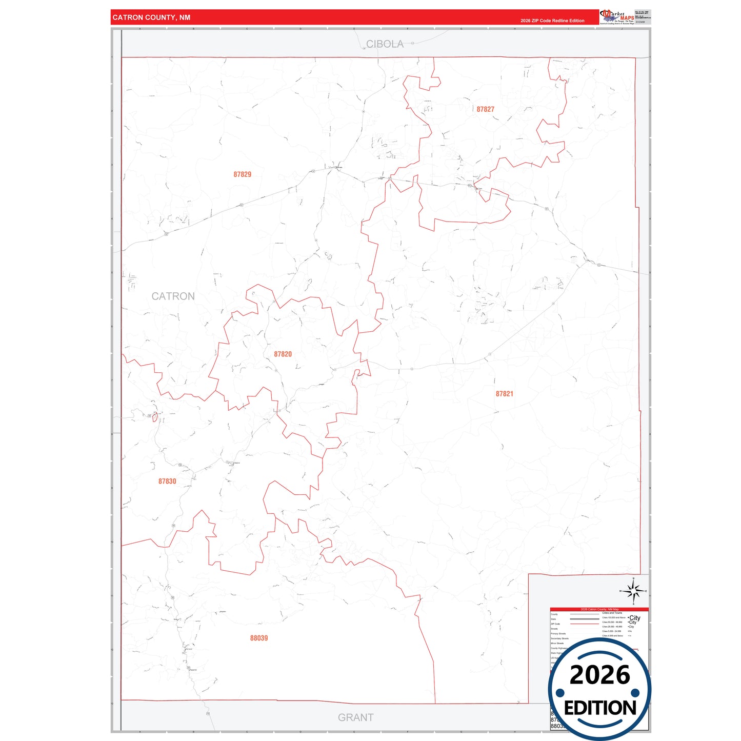 Catron County, NM Red Line 5 Digit ZIP Code Wall Map