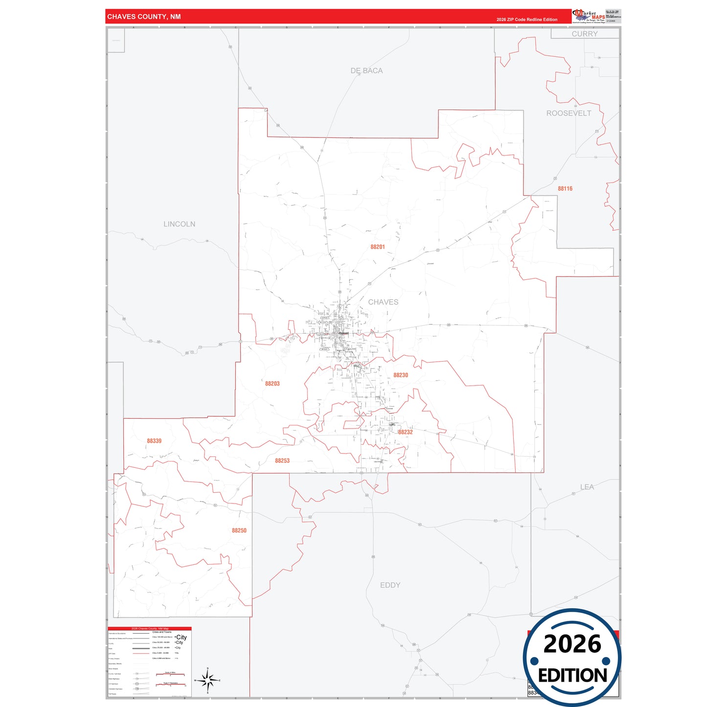 Chaves County, NM Red Line 5 Digit ZIP Code Wall Map
