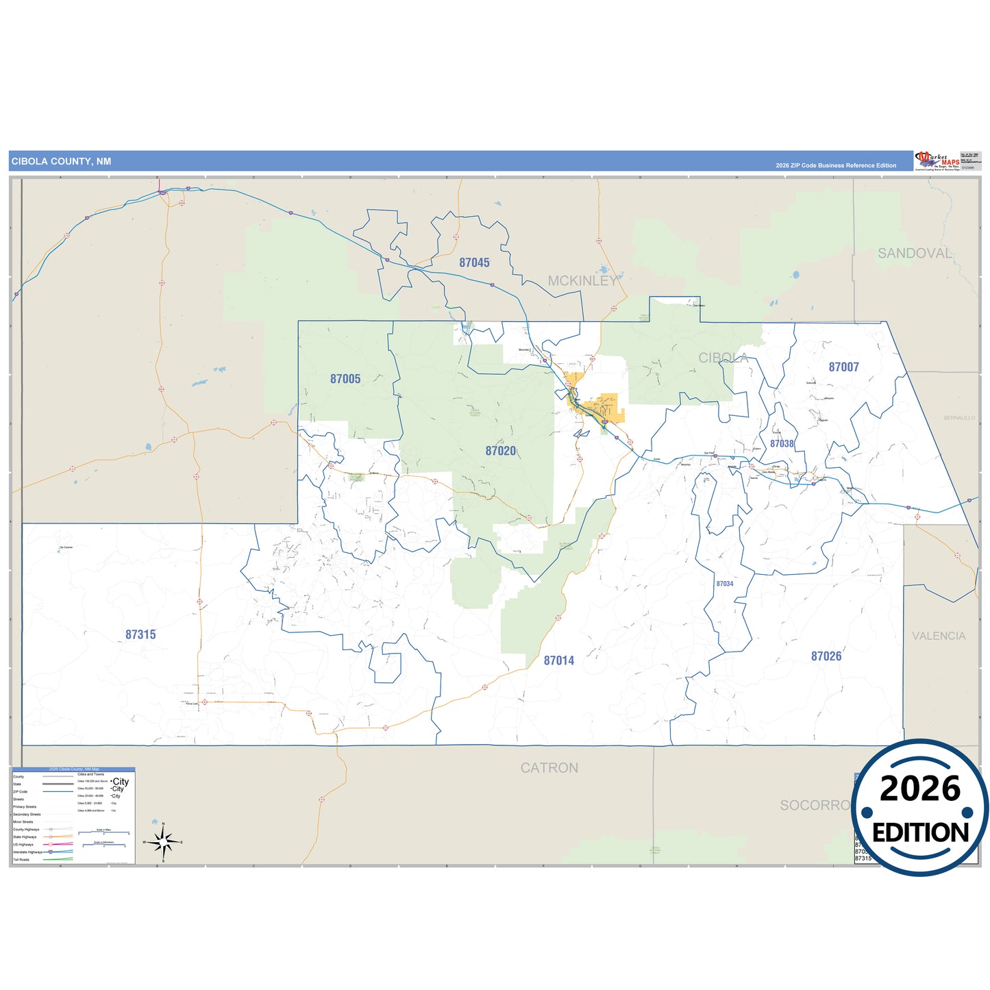 Cibola County, NM Business Reference 5 Digit ZIP Code Wall Map
