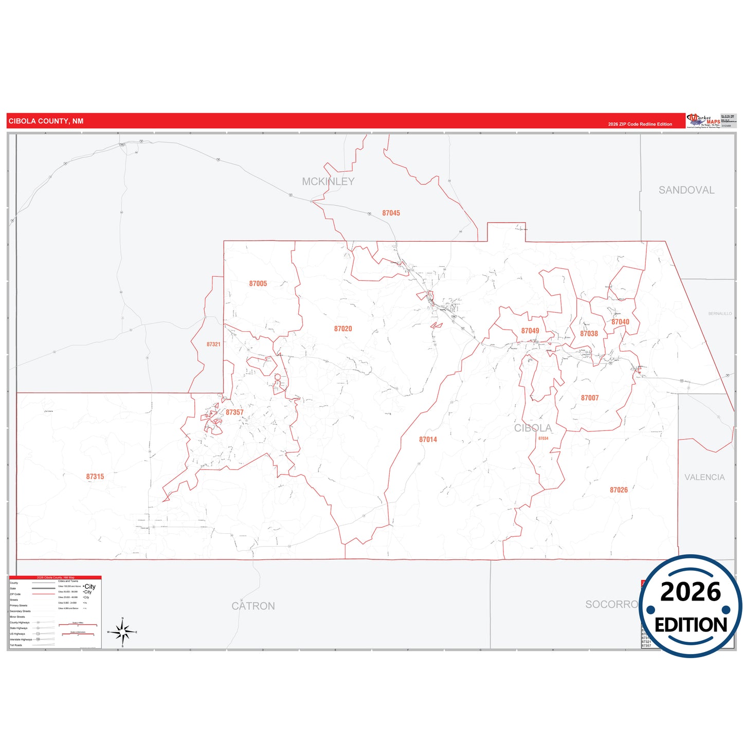 Cibola County, NM Red Line 5 Digit ZIP Code Wall Map