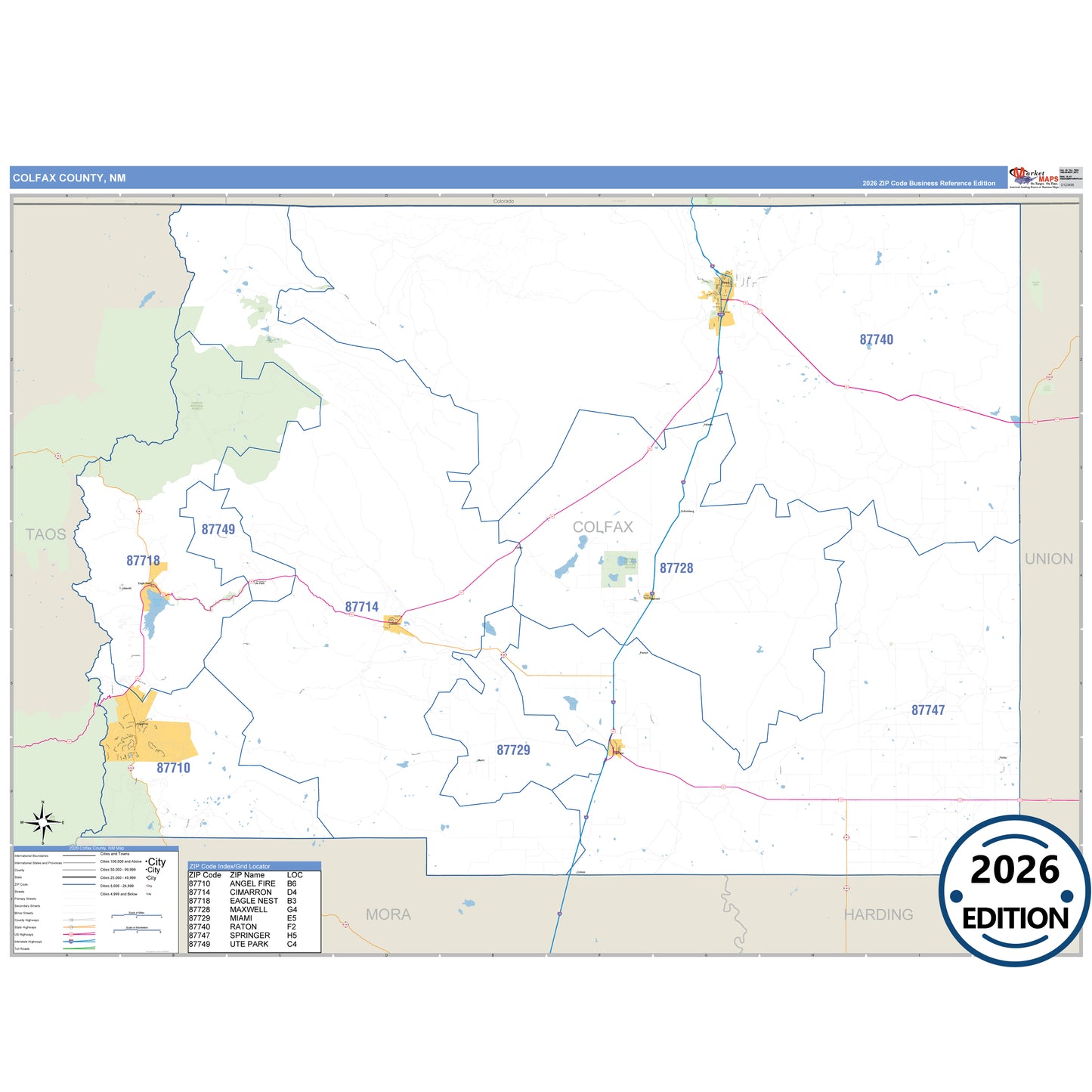 Colfax County, NM Business Reference 5 Digit ZIP Code Wall Map