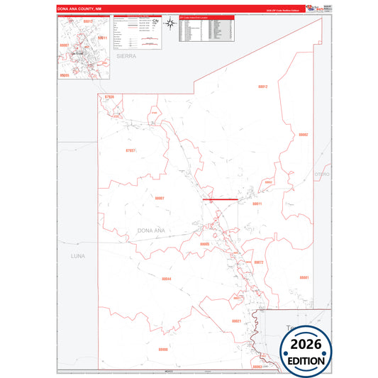 Dona Ana County, NM Red Line 5 Digit ZIP Code Wall Map