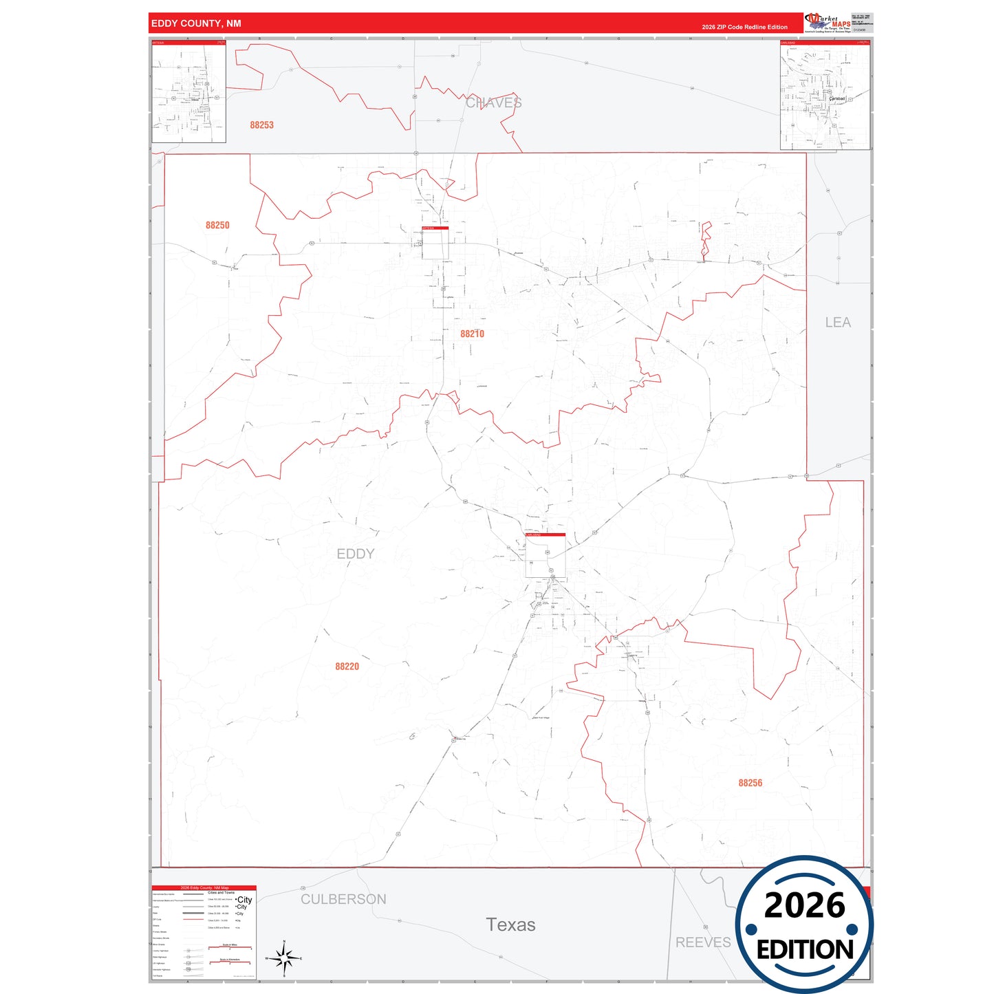 Eddy County, NM Red Line 5 Digit ZIP Code Wall Map