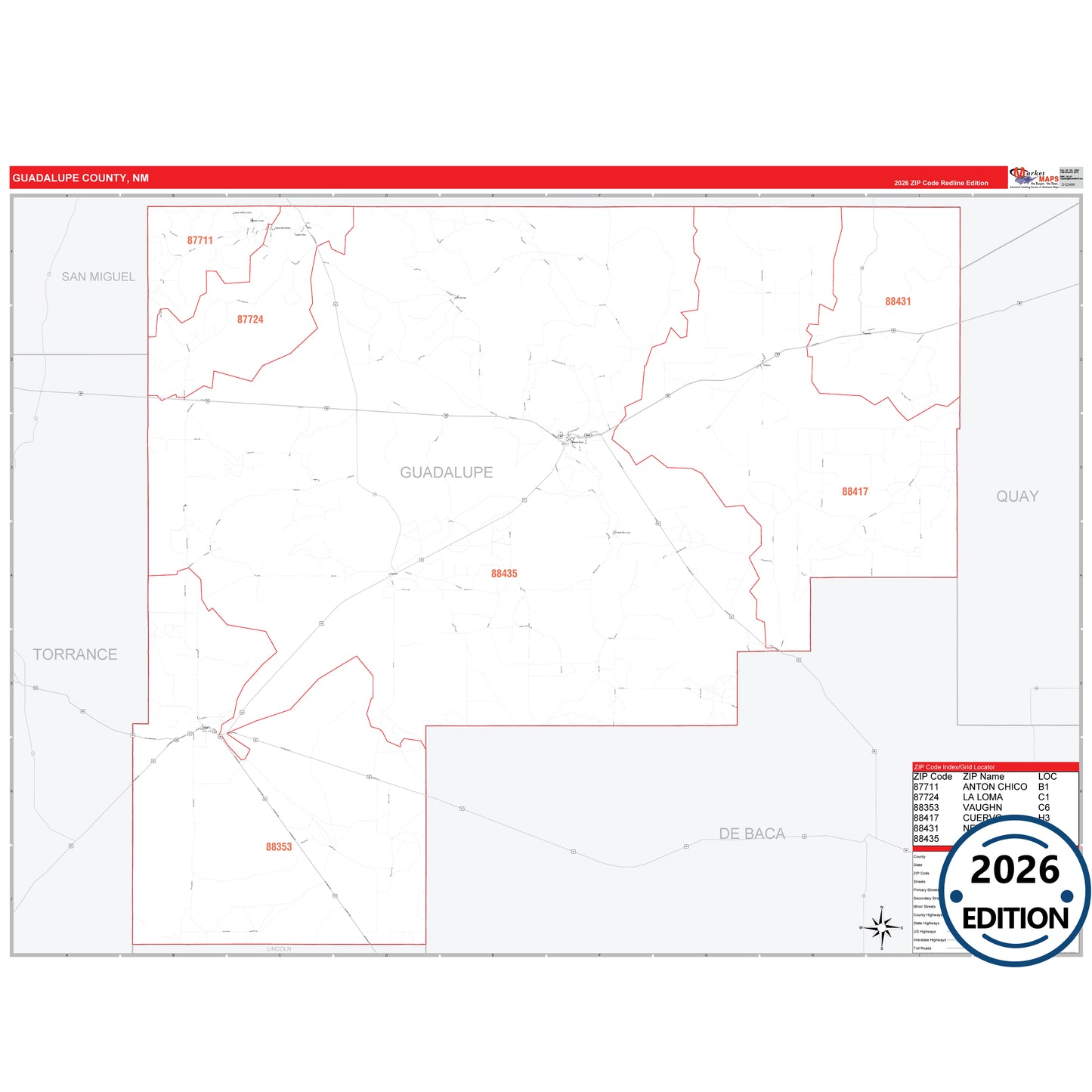 Guadalupe County, NM Red Line 5 Digit ZIP Code Wall Map