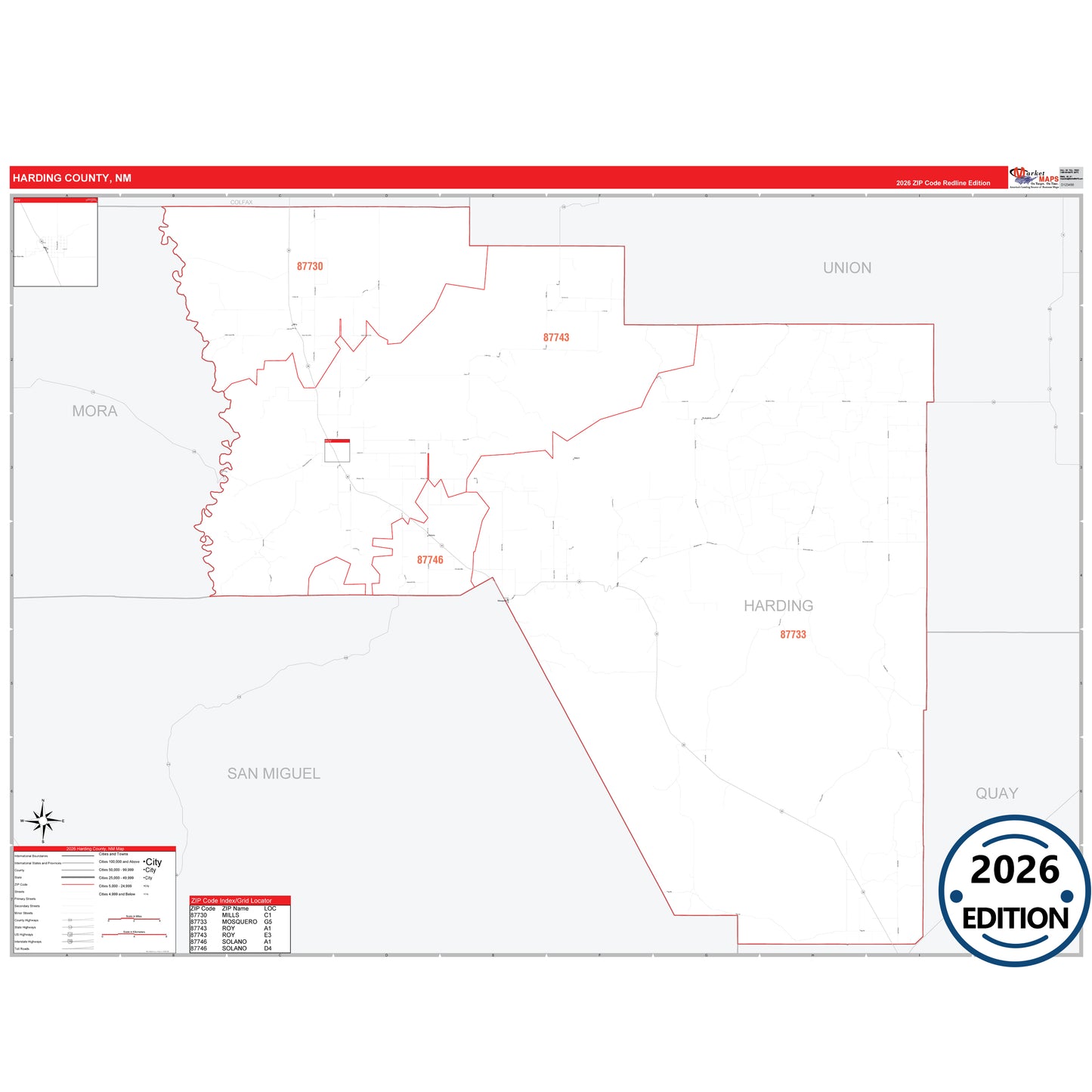 Harding County, NM Red Line 5 Digit ZIP Code Wall Map